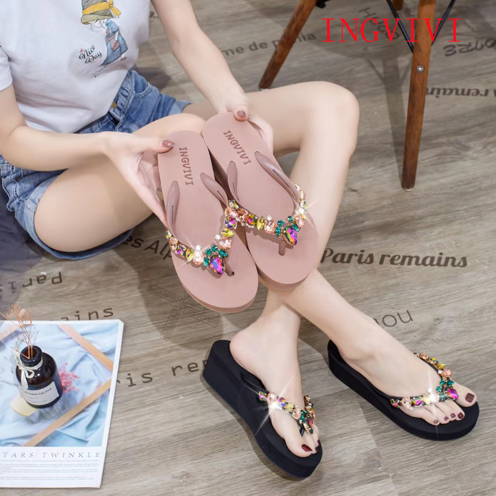 Sandal Jepit INGVIVI Wedges  160-5 / Sandal Ingvv Swarovsky Wedge Permata /  Spon Flip 5cm