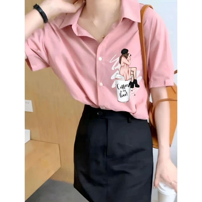 Special Baru Murah Real Pict Kemeja COFFEE GIRL Lengan Pendek - Baju Atasan Bahan Silky Import Polos