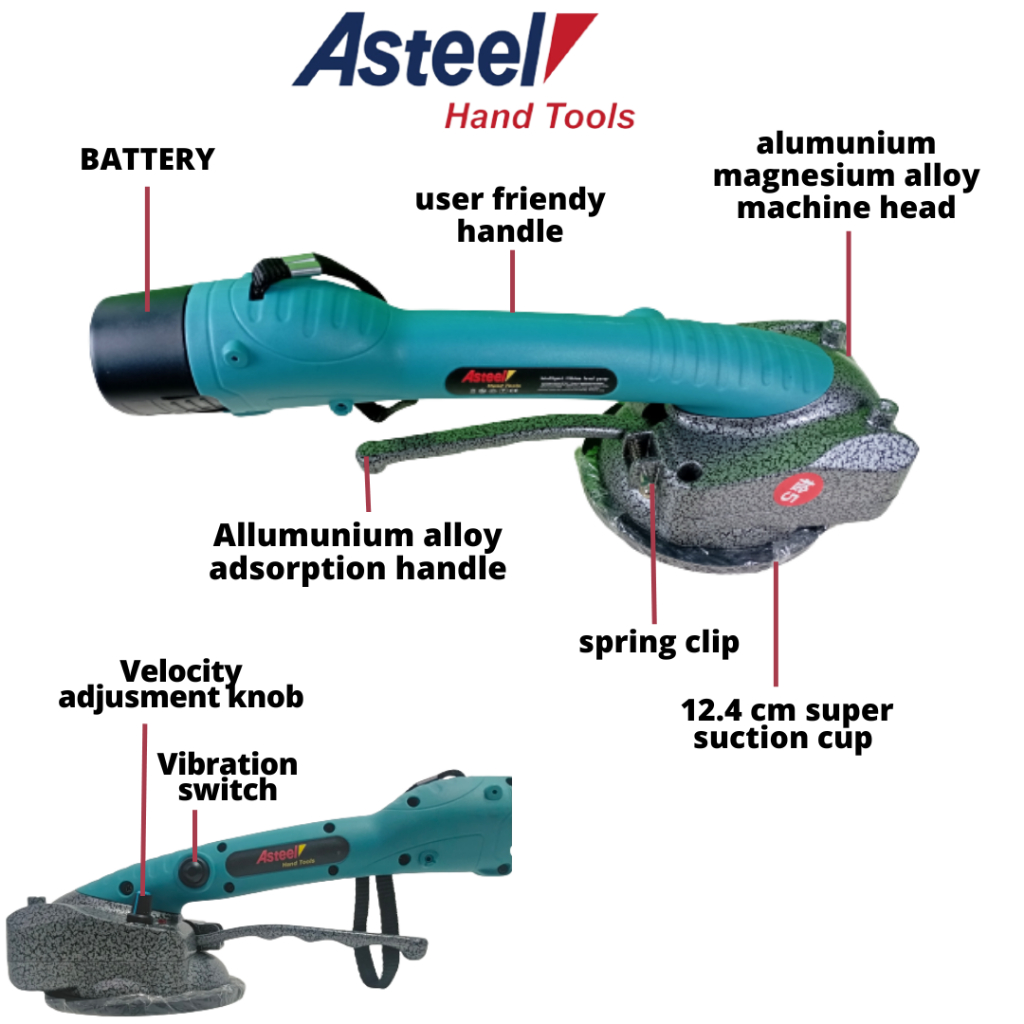 ASTEEL mesin kop getar hisap pasang keramik otomatis cordless baterai 12 V pasang keramik granit kaca - Cordless tile suction 2 battery 12V - mesin kop pasang keramik lantai - mesin getaran ubin keramik granit kaca.