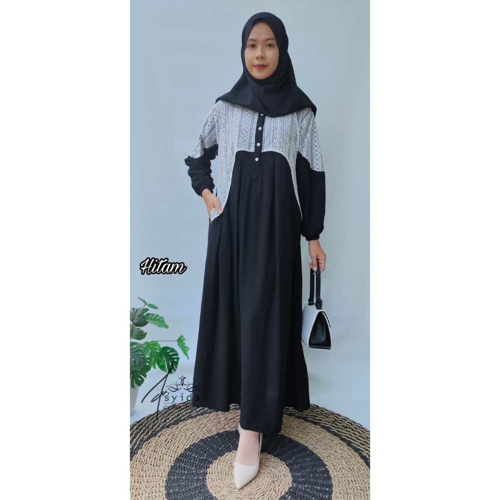 Gamis Dress SHANUM Pollo Linen Polos Mix Brukat Premium Termewah