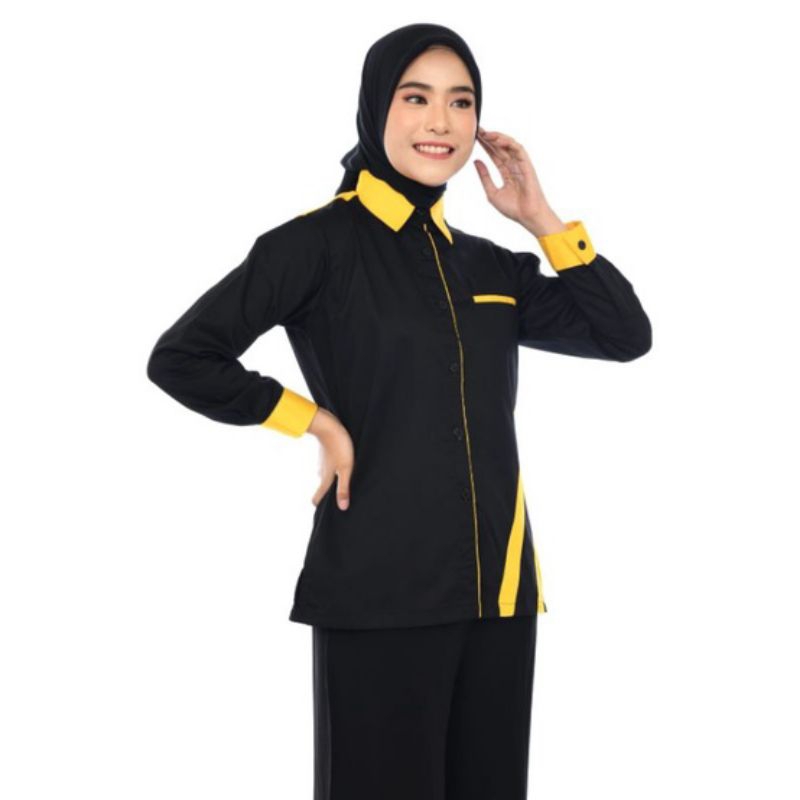 Baju Kemeja Lengan Panjang Pria/Seragam Kerja Kantoran/Baju Navy Lis Kuning Lengan Panjang