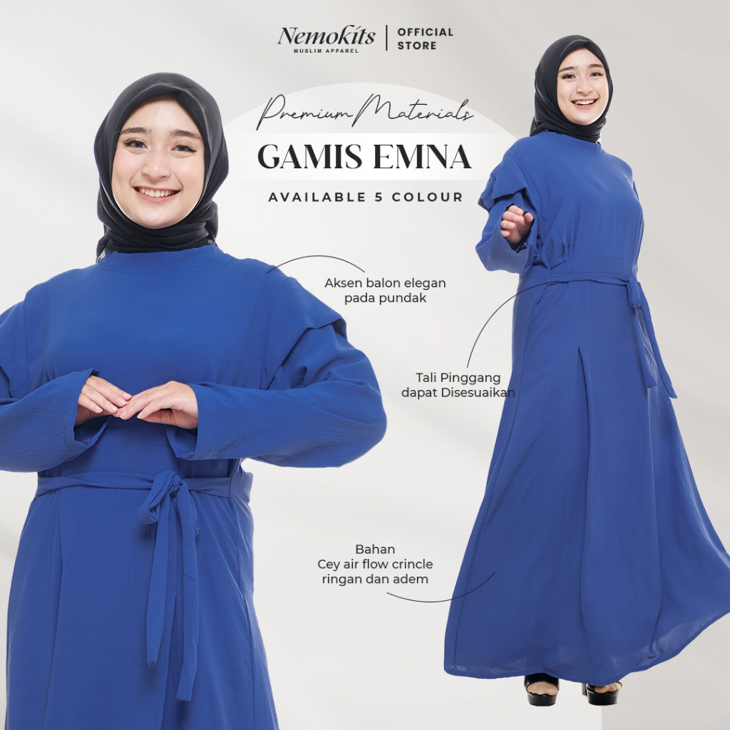 Emna Gamis Polos Pundak Balon Bahan Crinkle Maxi Dress Pakaian Muslim Wanita Warna Biru Elektrik All