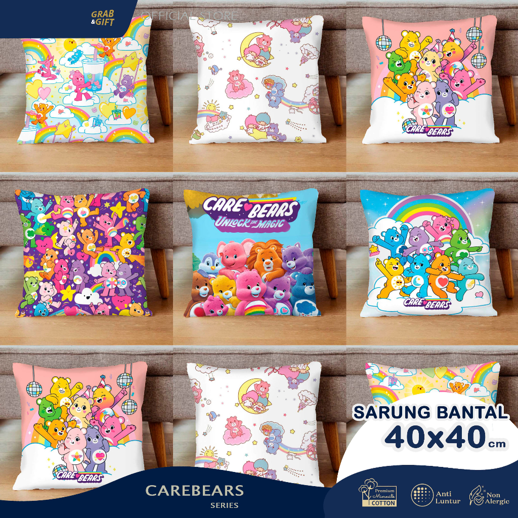 SARUNG Bantal Sofa Print Motif Carebears 40x40 cm Care Bears Teddy Bear Cheer Wish Love a Lot