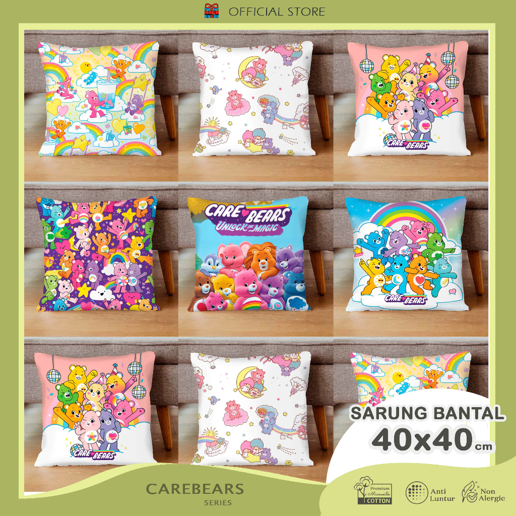 COVER SARUNG Bantal Sofa Print Motif Carebears Care Bears Teddy Bear Cheer Wish Love a Lot 40x40 cm - Pusat Kado Murah