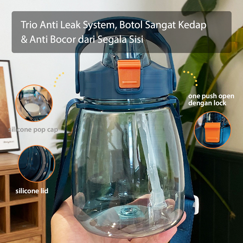 HUGO Botol Minum Anak Anti Bocor 1300 ml Botol Air Anak Sekolah Kantor Serbaguna dengan Sedotan dan Tali Strap