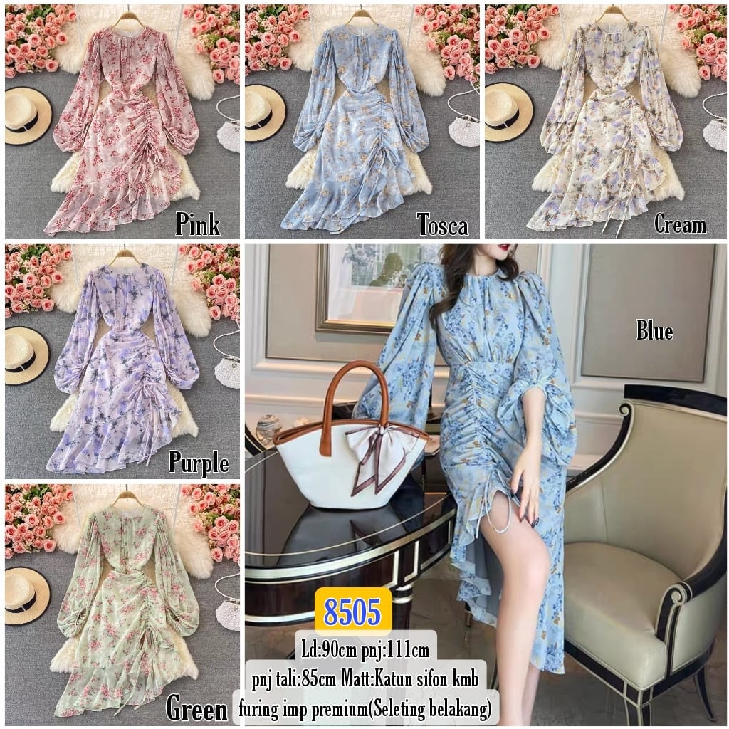 Dress Tangan Panjang Balon Flower 8505/ Dres Katun Import Korea / Baju Cantik Wanita Korea Kekinian