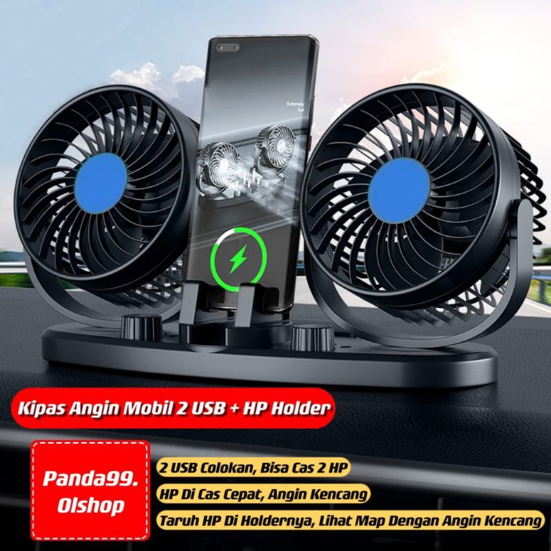 Kipas Angin Mobil 12V-24V Double Headed Fan 2 USB Colokan Dan HP Holder Pegangan HP⭐Panda99⭐