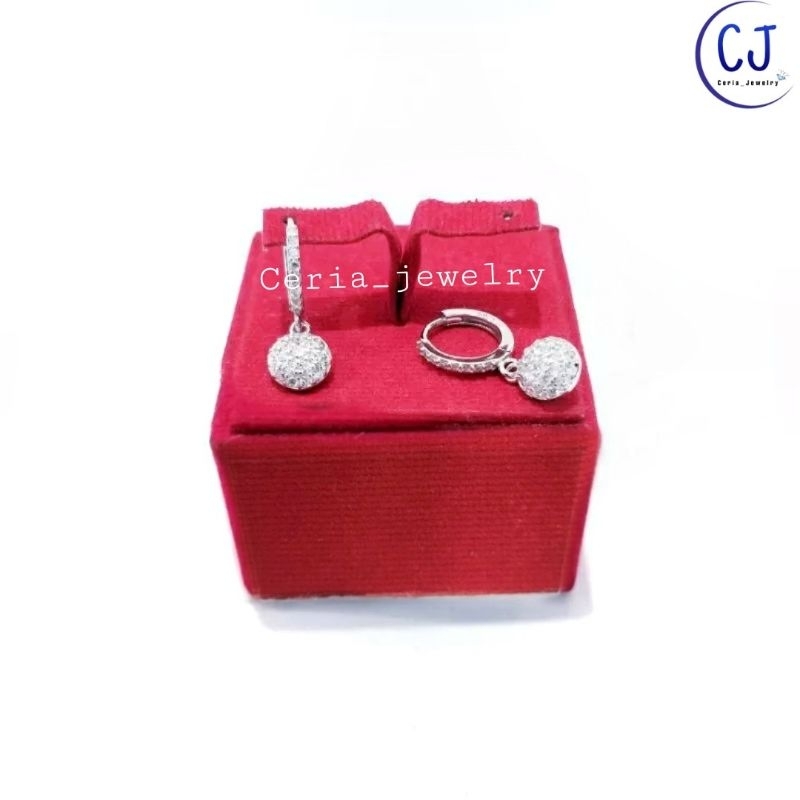 Anting Perak Asli Silver 925 Lapis Emas Putih Model Jepit Bulat Permata Love Daun Bulat - Anting Anti Karat - Anting Perak Wanita Dewasa