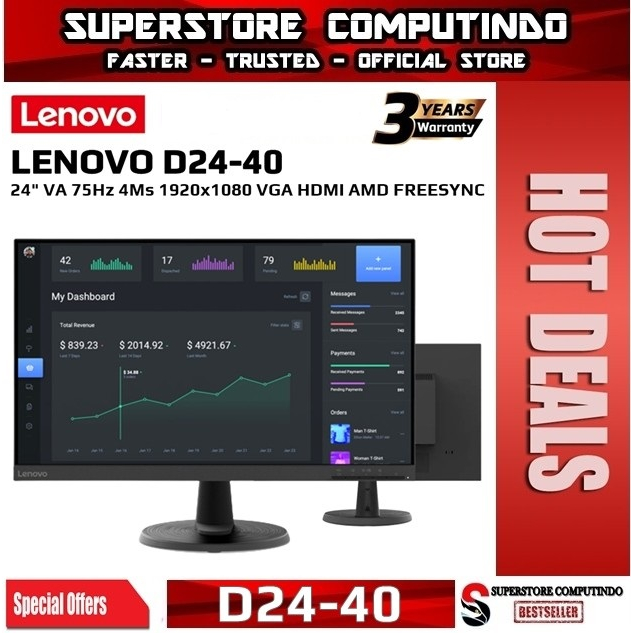 Monitor LED Lenovo D24-40 24&quot; 1080p 75Hz VGA HDMI VESA 100x100mm