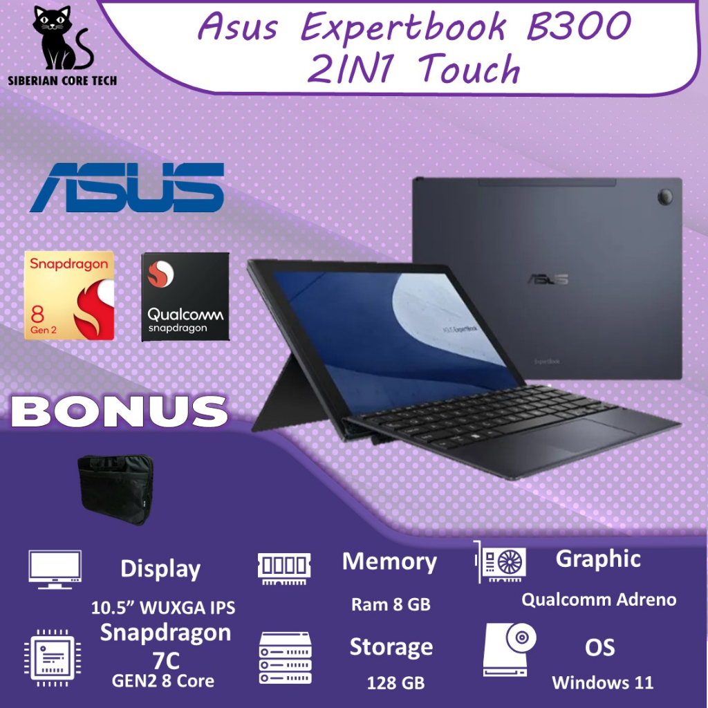 ASUS EXPERTBOOK B3000 2IN1 TOUCH SNAPDRAGON 7C GEN2 8 CORE 8GB 128GB W11 10.5 WUXGA IPS 1YR BLK (DETACHABLE)