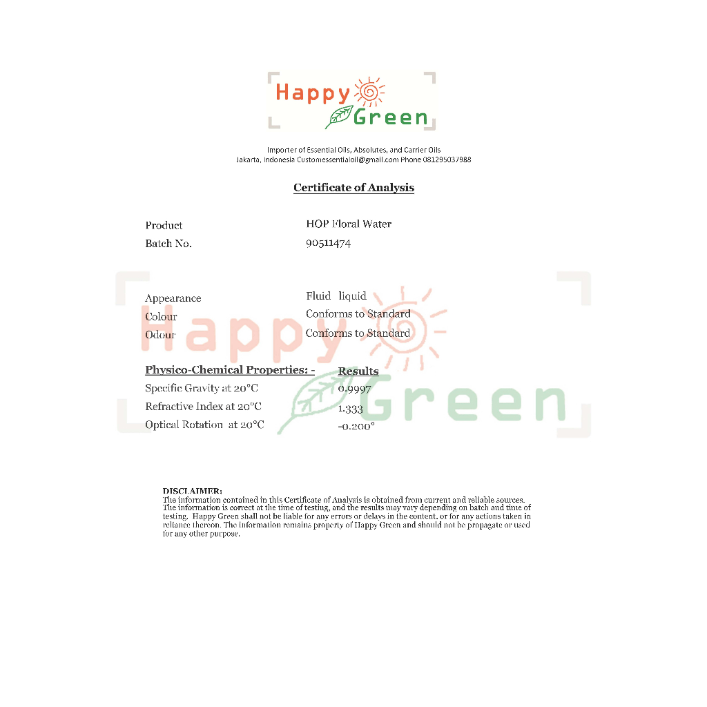 Happy Green Hops Floral Water - Hops Distillate Water Hops Hydrosol