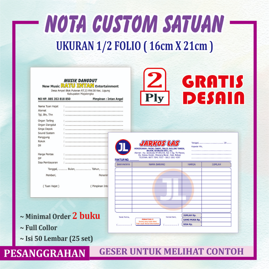 

Cetak nota custom 2 ply murah ukuran 1/2 folio Nota Kontan Faktur buku nota penjualan Gratis desain