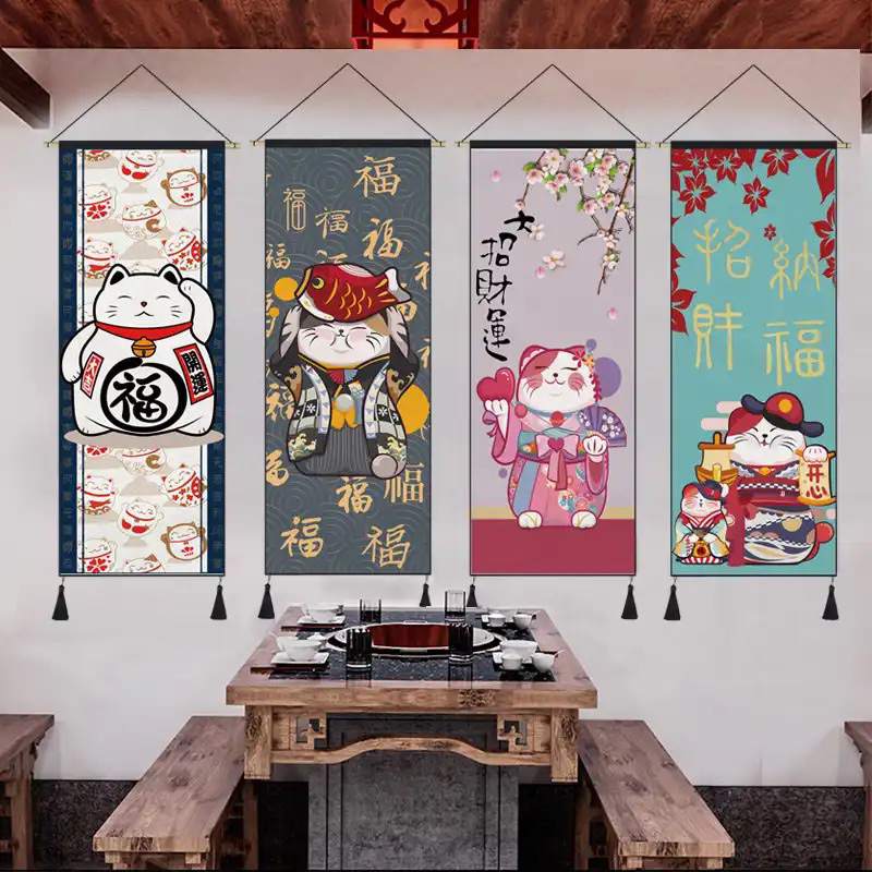 Maneki Neko poster gantung gaya Jepang Kakemono dekorasi rumah ruang tamu latar belakang lukisan seni dinding permadani Anime