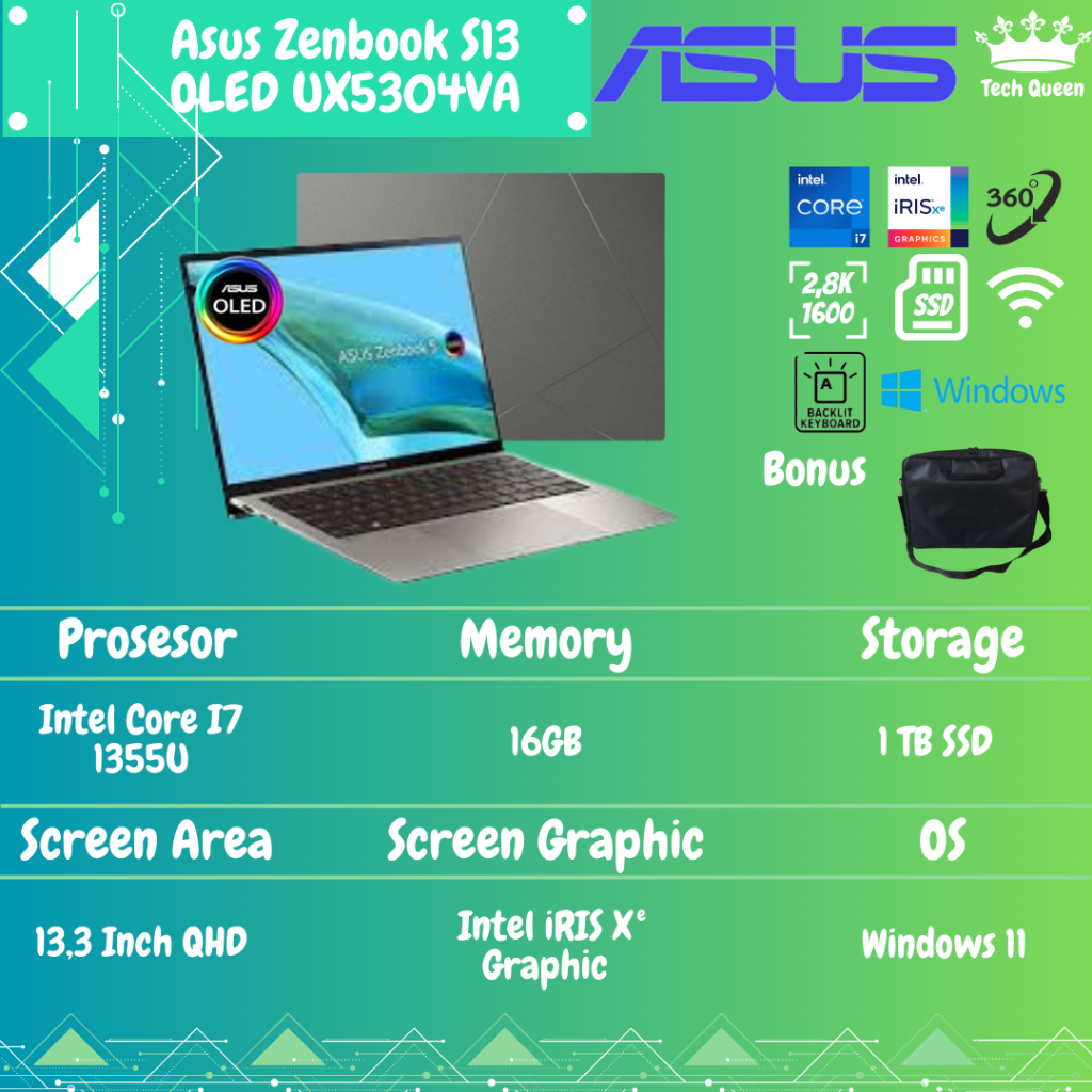 Asus Zenbook S13 UX5304VA OLEDS711 I7 1355U 16GB 1TB IRISXE W11+OHS 13.3 2.8K EVO GRY