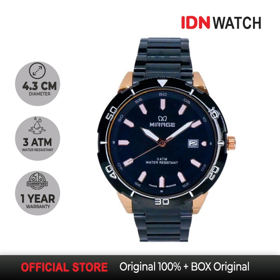 Jam Tangan Mirage Pria Sporty Original Tanggal Aktif Formal Hitam Water Resistant Garansi 8758 M
