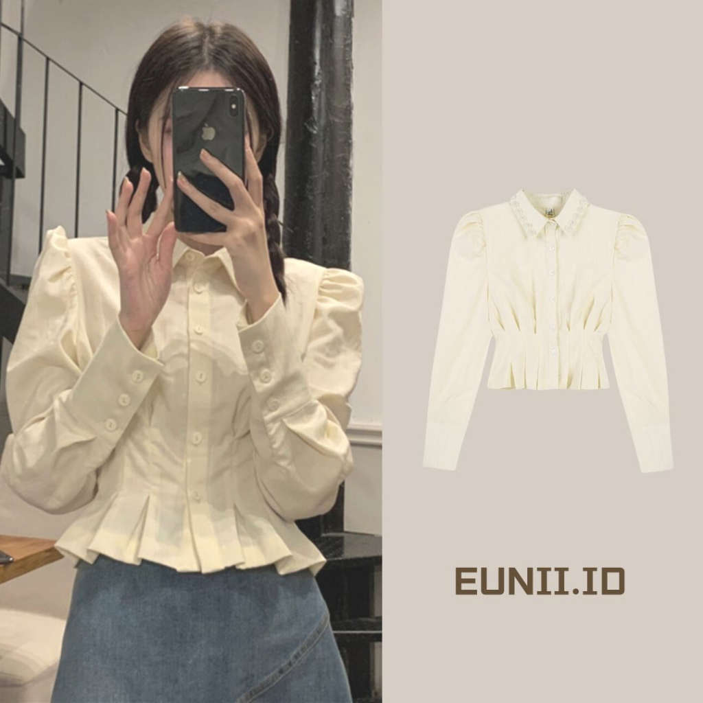 EUNII Korean Style Lengan Panjang Kaos Atasan Bead Polo Import Terbaru Crop Top