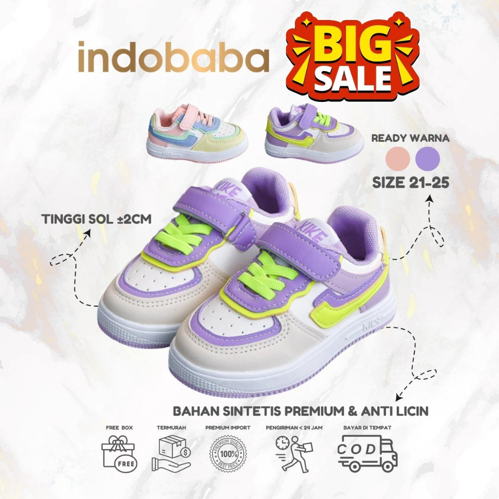 indobaba Sepatu Anak Perempuan Sneakers Anak Import Sport Canvas Unisex Warna Purple Pink 1-7 Tahun S123