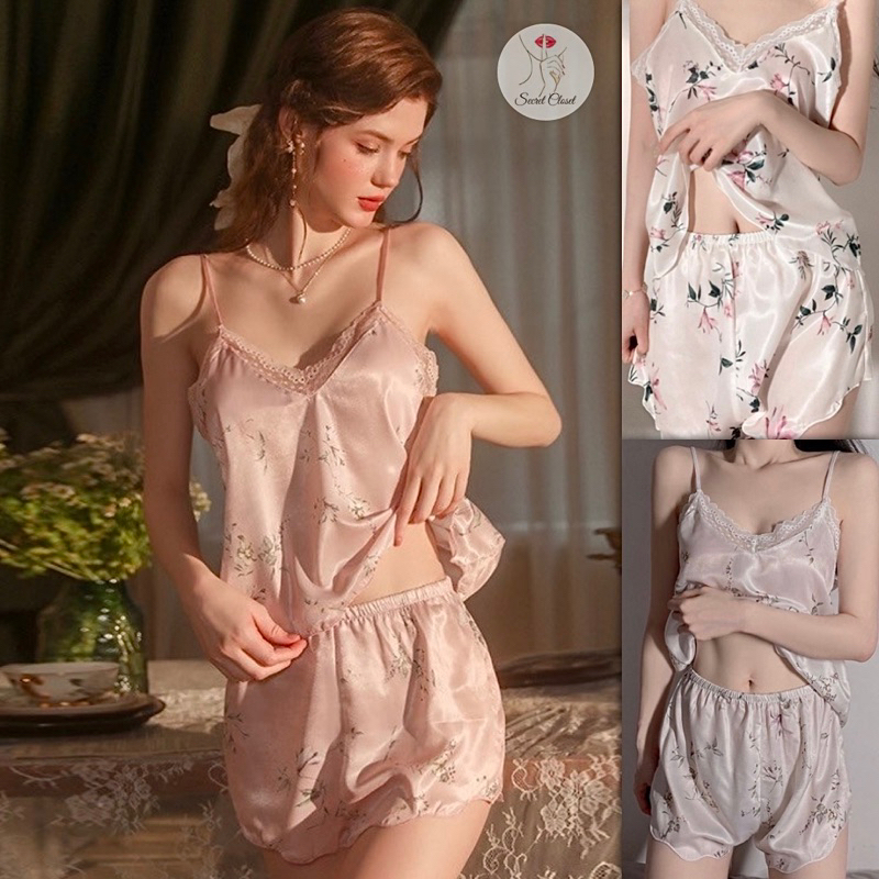 SecretCloset - Sleepwear 1 Set Top + Shorts Flower Baju Tidur Silk Satin Lingerie Tanktop Celana Pen