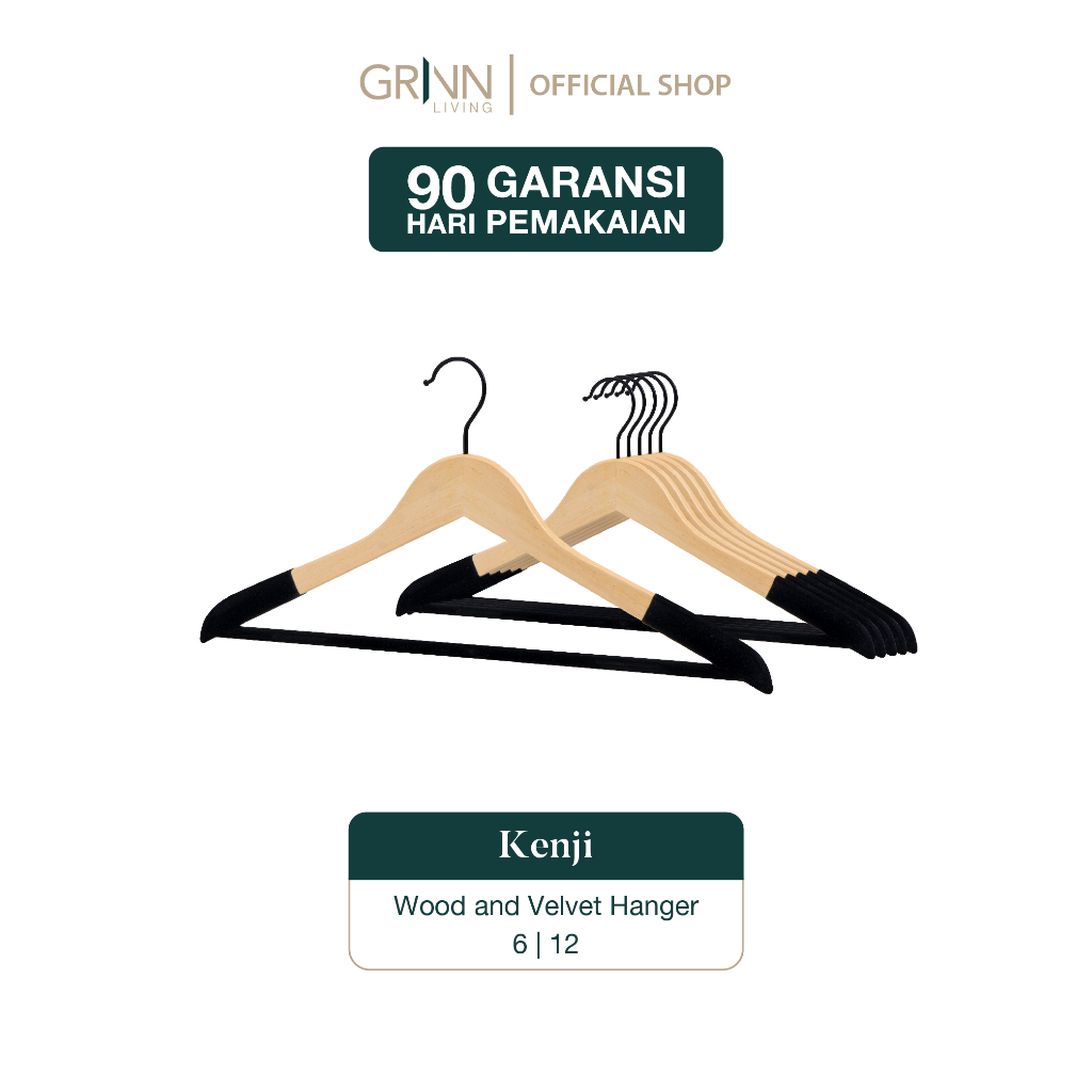 GRINN LIVING Kenji Hanger Kayu SET isi 6 &amp; 12 / Gantungan Baju / Velvet Premium Aesthetic