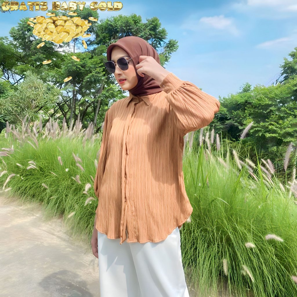 FREE GOLD Atasan Wanita Inara Blouse Bluse Jumbo Dengan Gaya Korean Style, Baju Oversize Crinkle Air