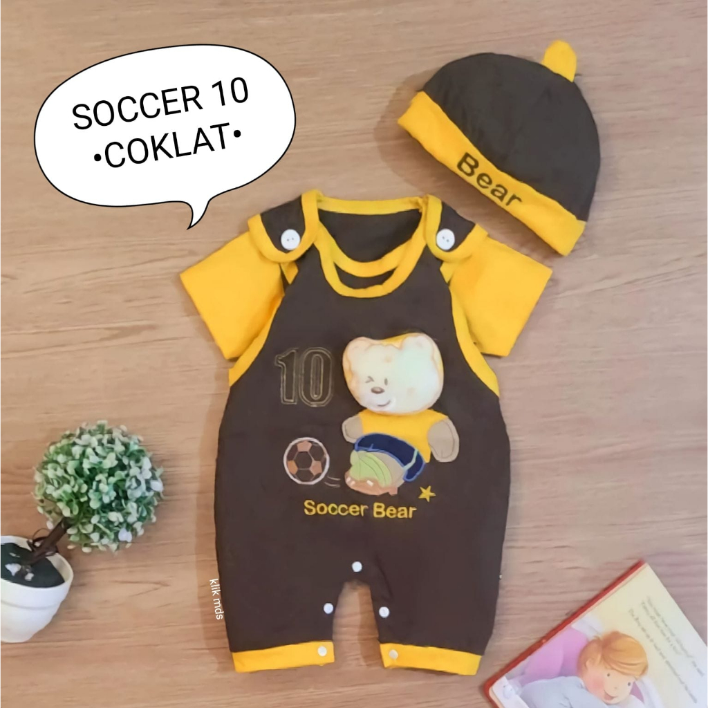 Overall Anak Cowok / Baju Bayi Laki-Laki Set Jumper Usia 0-6 Bulan Motif Soccer Bear