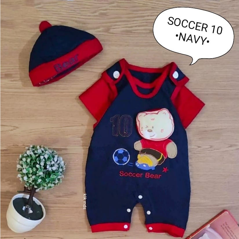 Overall Anak Cowok / Baju Bayi Laki-Laki Set Jumper Usia 0-6 Bulan Motif Soccer Bear