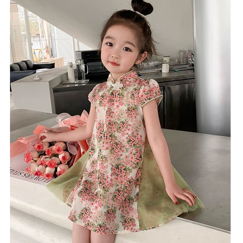 Dress Cheonsam Anak Perempuan Motif Bunga Peony