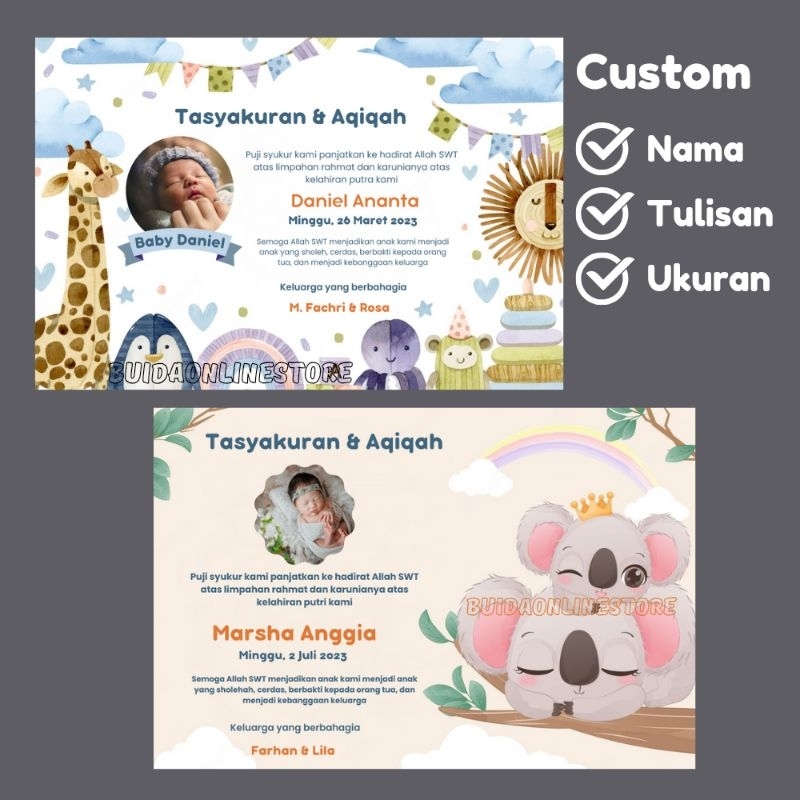 

Custom Stiker Tasyakuran Aqiqah bayi baru lahir baby newborn bisa tambah nama tanggal keluarga dekorasi kemasan label sticker dus box nasi toples bingkisan hantaran oleh-oleh kado gift paperbag goodie bag mika