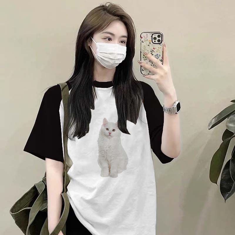 Raglan T Shirt White Cat Baju baju wanita korea Oversize Wanita Atasan Wanita Slimfit