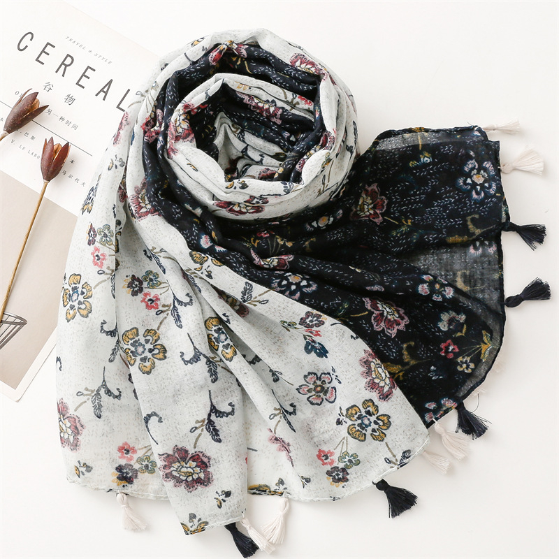 ITSFRIDAY ZELMIRA Scarf - Premium Pashmina Shawl Selendang Syal Pasmina Hijab Import Motif Flower Navy Tassel