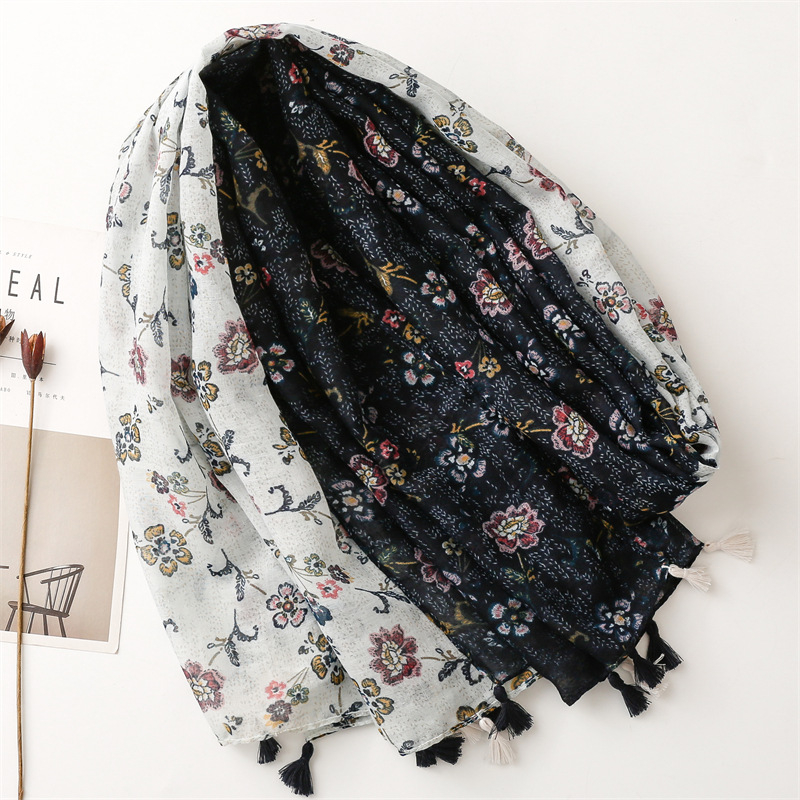 ITSFRIDAY ZELMIRA Scarf - Premium Pashmina Shawl Selendang Syal Pasmina Hijab Import Motif Flower Navy Tassel