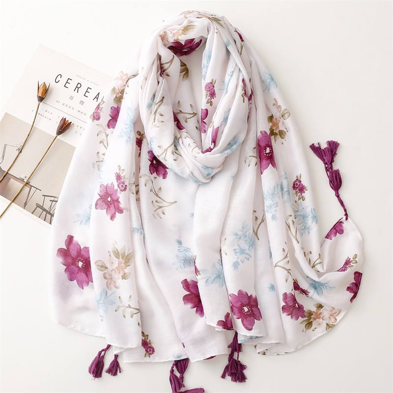 ITSFRIDAY HANIN Scarf - Premium Pashmina Shawl Selendang Syal Pasmina Hijab Import Motif Purple Flower Tassel