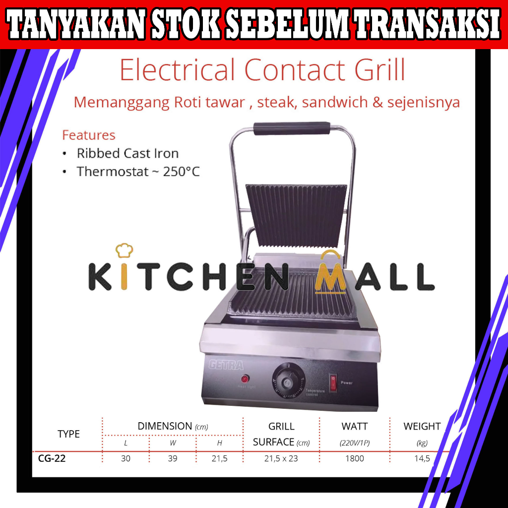 GETRA CG-22 Electrical Contact Grill -  Alat Panggang Pemanggang Sandwich Roti Tawar Steak