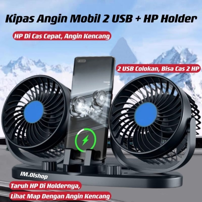 Kipas Angin Mobil 12V-24V 2 USB Dan HP Holder Phone Holder / Kipas Mobil 2 Kipas Fan 360° / Pendingin Aksesoris Mobil⭐ IM ⭐