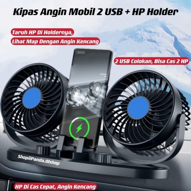 Kipas Angin Mobil 12V 24V / Car Cooling Double Fan / Kipas Mobil HP Holder + 2 USB Port
