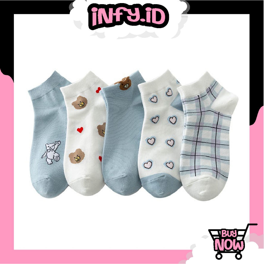 INFY - Kaos Kaki Motif Beruang Bear Biru Blue Fashion Pendek Ankle Semata Kaki Socks Korean Model Cute KK088