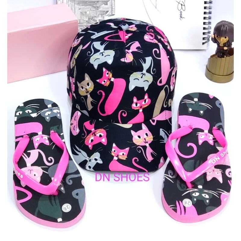 Paket Sandal Anak Cewek Topi Anak Perempuan Jepit Anak Motif Kucing Hitam Lucu 1 - 10 tahun