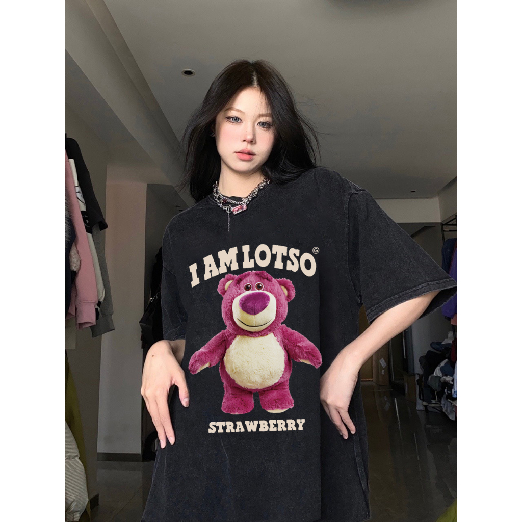 RDGF Washed oversized Strawberry Bear T-shirt baju atasan wanita terbaru kaos wanita korean style kaos uniqlo t shirt black/A0921