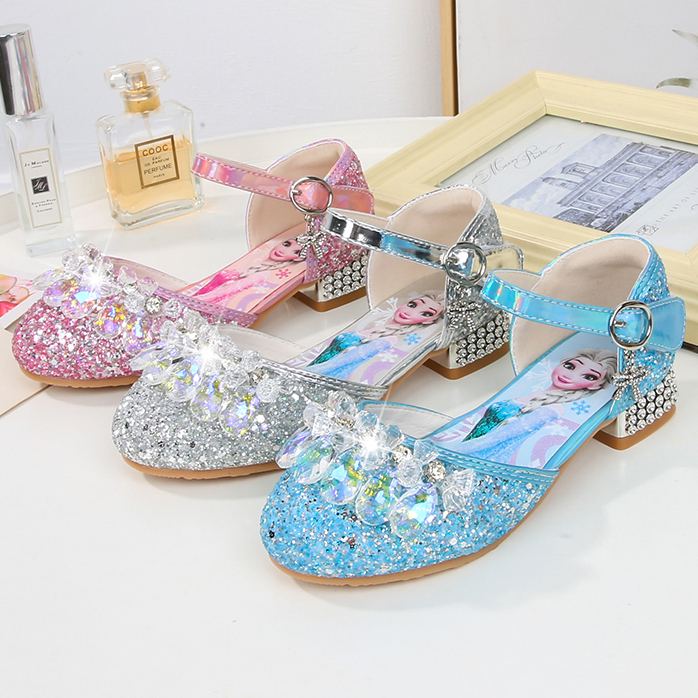 PERAGAAN BUSANA TINGGI SEPATU ANAK PEREMPUAN KRISTAL ELSA FROZEN SANDALS ANAK BLINK GLITTER   (kemasan kotak sepatu)