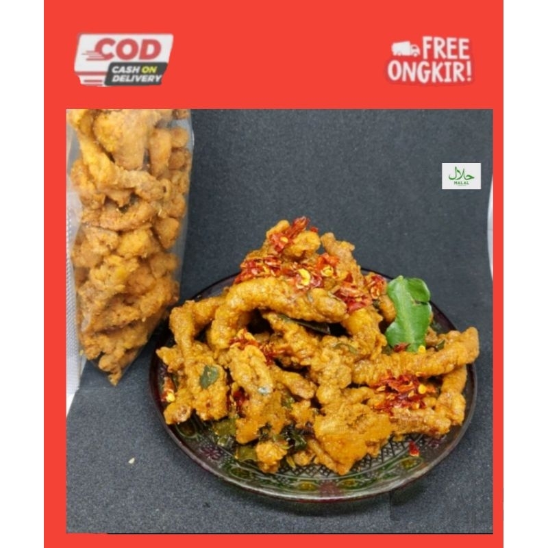 

Usus Ayam Crispy Gurih Pedas Daun Jeruk Halal Kemasan pouch 50grm