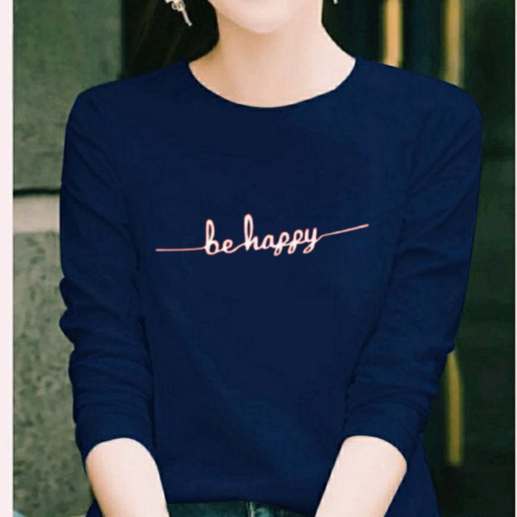 Baju Lengan Panjang wanita BE HAPPY Kaos Distro Keren Baju kekinian/bahan adem