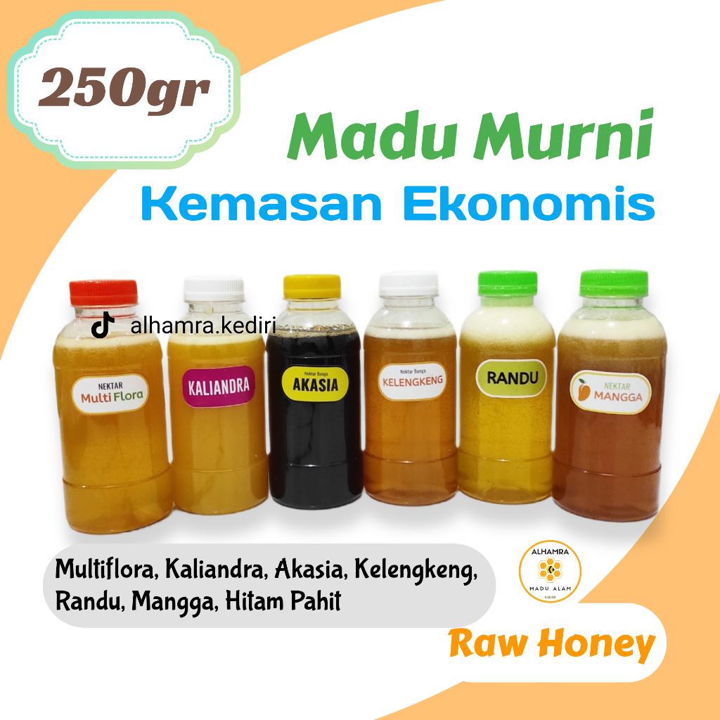 

Madu Murni 250gr | Kemasan Ekonomis | Multiflora Akasia Kaliandra Randu Kelengkeng Mangga | Raw Honey by Alhamra