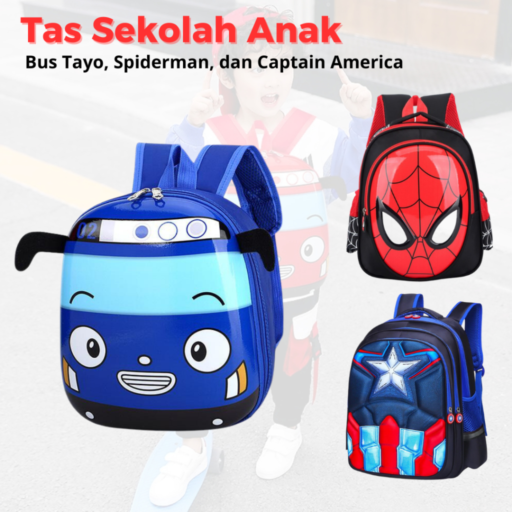 JAVASHOP Tas Ransel Sekolah Anak Gambar Bus Tayo Spiderman Backpack Perempuan Laki-Laki