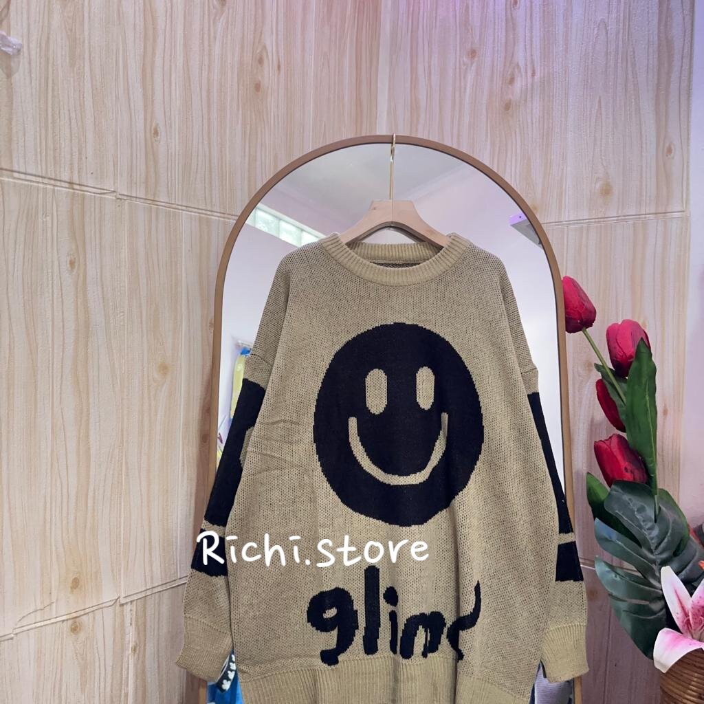 Smile oversize sweater - Setelan kulot rajut sweater motif smile (celana+atasan)