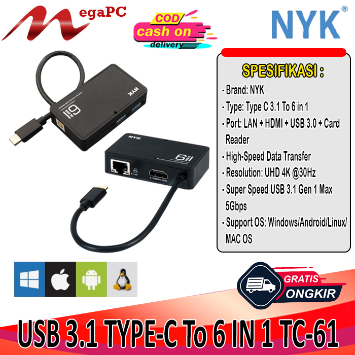 USB 3.1 NYK Type C HUB 6 in 1 TC-61 LAN HDMI Card Reader USB Port