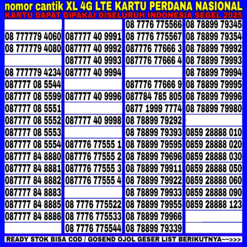 Promo nomor cantik perdana XL 4G LTE SEGEL seri 9000 9000 3000 3000 dapat dipakai diseLuruh indonesia