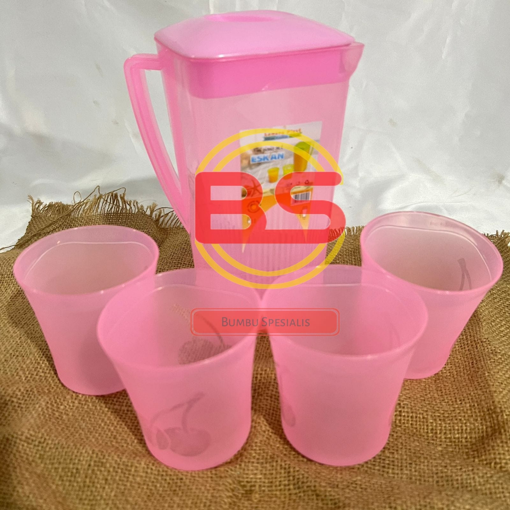 Teko Set Gelas Plastik / Eskan Set Gelas 4 + Teko Mini Picnic Set Eskan Lemony