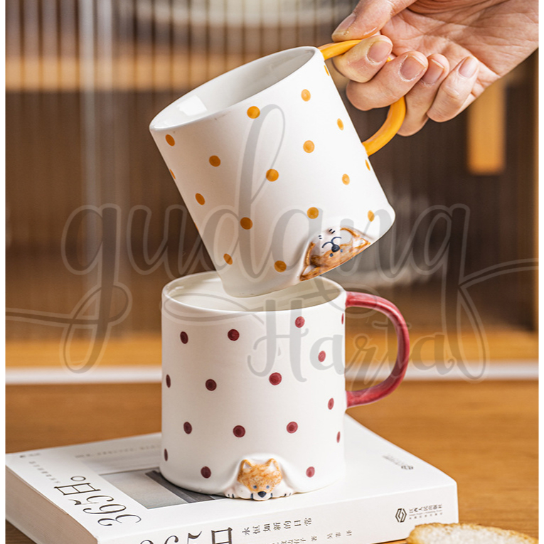 Gelas Polkadot Peeping Dog Cat Mug Keramik Corak Hewan Kucing Gift Simple GH 601005