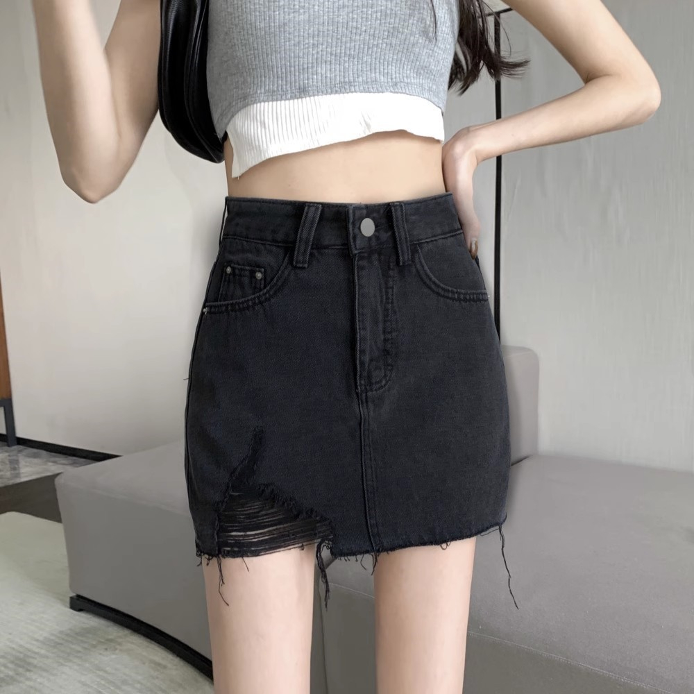 Rok span hitam rok jeans pendek wanita midi skirt korea rok jeans highwaist ripped terbaru 2023