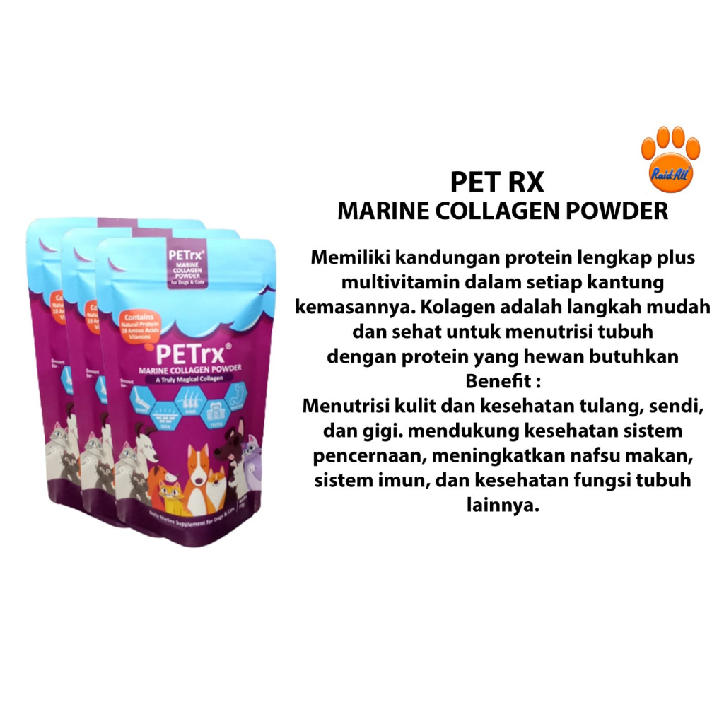 PETrx Marine Collagen Powder Dog Cat Daily Supplement Multivitamin Protein Colagen Anjing Kucing Peptides Vitamin B Complex Vitamin E D Zinc Pouch Serbuk 75 gr